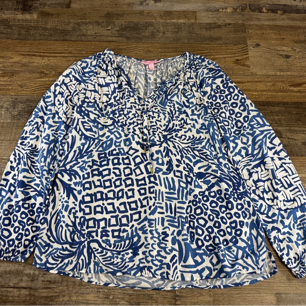 Lilly‎ Pulitzer Blue White Print Long Sleeve Blouse Women’s Small